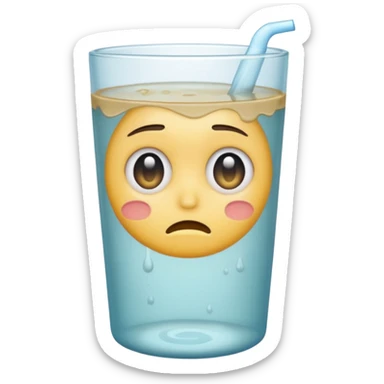 a glass with dirty water, sad expression, emoji style, soft colors sticker