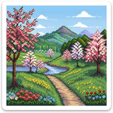 Spring landscape with blooming cherry trees, colorful flowers, and green grass sticker