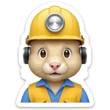 a mole rat, blue helmet, headlamp, yellow worker cloth sticker