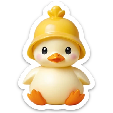 A cute, baby-like figurine with a round face, large shiny black eyes, and a soft, pastel skin tone. The figurine is standing with small, chubby limbs and a gentle smile. It wears a yellow duck-shaped hat that covers the top of its head, featuring a small orange beak and black dot eyes. The design is smooth, glossy, and minimalistic, with a soft, kawaii aesthetic. The background is plain white, and the lighting is soft and even. The overall style is similar to Sonny Angel collectible figurines, with a cute and charming appeal. sticker