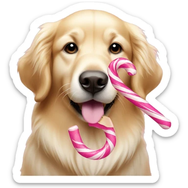 A golden retriever holding a pink and white candy cane toy sticker