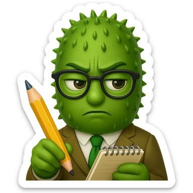 Make the pickle look suspicious while writing in a notepad, in the style of apple emojis, with no background. sticker