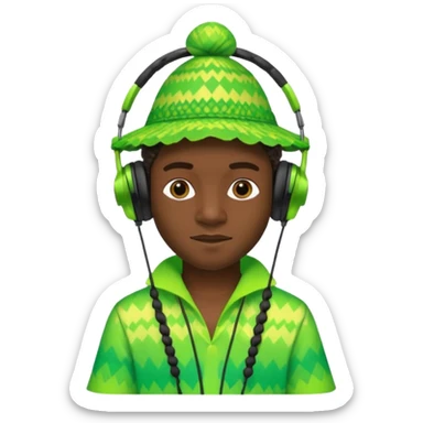 Create me an emoji of a cool Young Nigerian prince wearing a neon green gradient African patterns with  a hula hat (a Nigerian-inspired hat) and wearing cool headphones. sticker