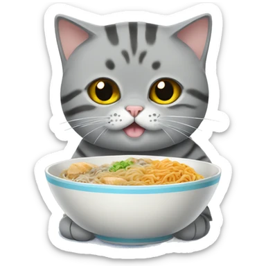 A grey tabby british shorthair cat eating a bowl of ramen sticker