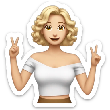 white woman with shoulder-length wavy hair, wearing an off-shoulder top, and making this gesture 🫶🏻 sticker