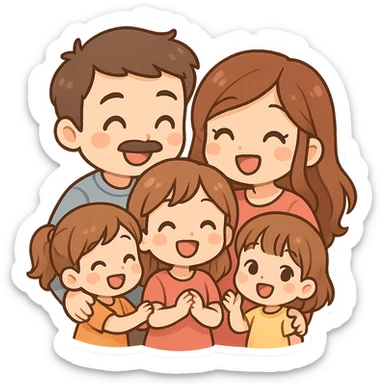 a friendly and cheerful family with dad, mom, and three daughters, all together sticker