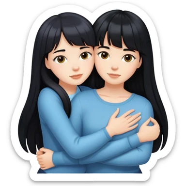 two white girls with long black hair hugging, one girl has bangs sticker