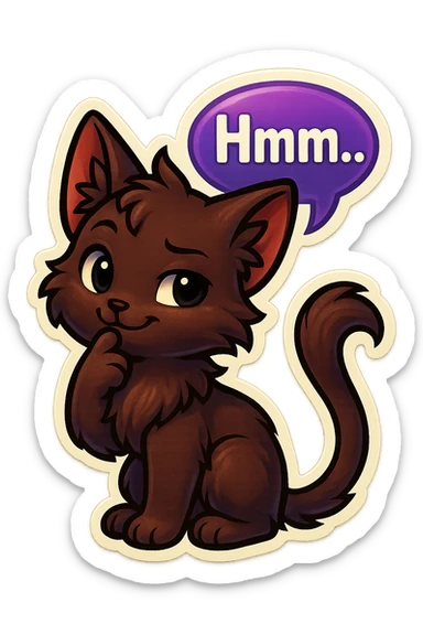 a dark-brown fluffy cute kawaii anime cat with tufted ears and a long thin tufted tail, thinking, smirking thoughtfully, saying “Hmm..” with a purple speech bubble, (cartoon style) (furry style) (deviantArt style) (artist style: Kamirah) sticker