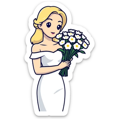 blonde woman in a white off-shoulder dress with a bouquet of white flowers in a white bag in her right hand sticker