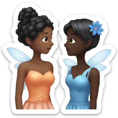 two fairies kissing, one is white and has a pink dress made from a flower and er hair is orange, and other is dark brown with black hair and a blue dress made of flower sticker