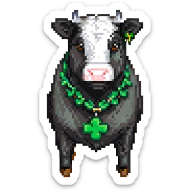 pixel art 4-H black show steer with a green 4-H clover badge sticker