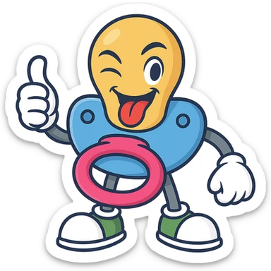 Create the pacifier character winking and giving a thumbs up, keeping the same style, colors, and mischievous personality as the reference image. Transparent background. sticker