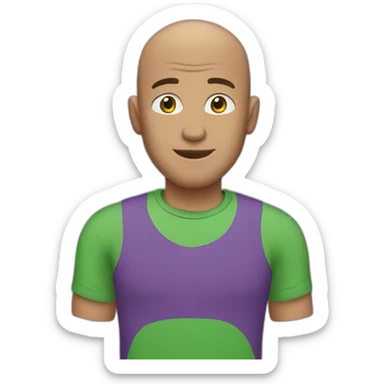 a bald guy with greenish eyes and purple t-shirt sticker