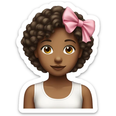 girl with a pink bow and dark brown curly hair wearing a white tank top sticker