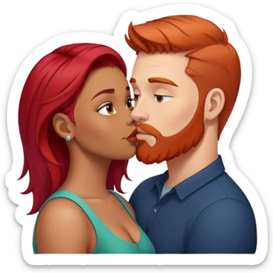 kiss emoji with a white man with brown undercut and beard, kissing a latina girl with redhair sticker