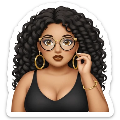 big plus size, latina, darker tan skin, gold hoops, long black curly hair, baddie,pretty, makeup, lipgloss, black eyeliner, long hair, black top, black glasses sticker