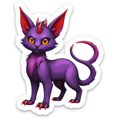 Black horned vampiric edgy demon-Noivern-Noibat-Purloin-Torracat-Lykoi-Caracal-cat-Fakemon-fusion-hybrid-creature with violet and red scale markings with 2 horns sticker