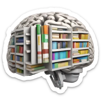 robotic brain with books floating inside the robotic brain sticker