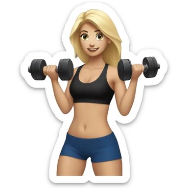 blonde woman working out with a blue shorts and black tank top and she is holding a dumbell sticker