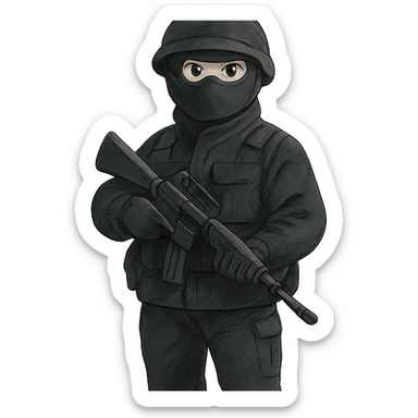 ghibli style armed figure in all-black military clothing, shiesty mask, and helmet sticker