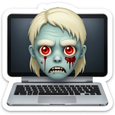 A tired sad zombie behind a laptop sticker
