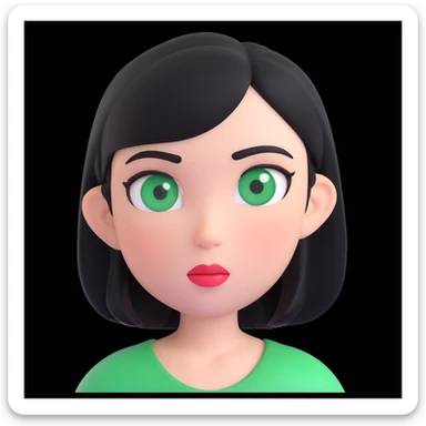 girl with black hair and green eyes, memoji style, 3D, expressive face, white background sticker