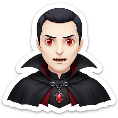 Nam 50 tuổi, mắt đỏ, da trắng, tóc ngắn màu đen, có răng nanh, mặt hơi đáng sợ như ma cà rồng, áo măng tô cổ cao màu đen, nửa thân trên' sticker