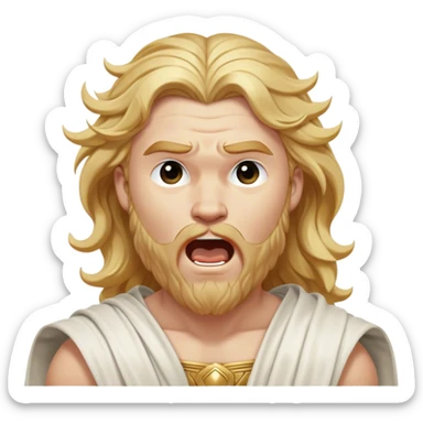 Cinematic Realistic Thor Portrait, head tilted slightly with a dramatic, wide-open yawn, revealing a moment of unguarded human vulnerability amidst his divine stature. His fair, luminous skin and elegantly styled, wavy golden hair maintain their sculptural perfection even in repose. Dressed in a flowing white toga with understated golden accents, the portrait is bathed in soft natural light, capturing a rare glimpse of relaxed, timeless strength from a Greek god reborn. sticker
