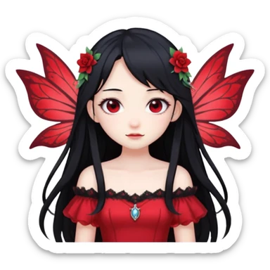 Gothic anime fairy with long beautiful black hair and red dress, pastelcore, sticker