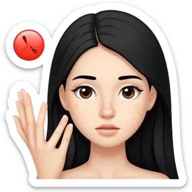 young woman with a pimple on her cheek, long black hair and natural makeup sticker