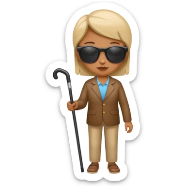 A blind person wearing sunglasses and holding a guide cane sticker