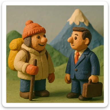 claymation style sherpa and businessperson with briefcase, mountain background sticker