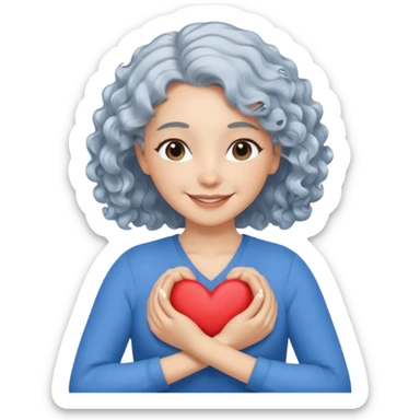 silver, wavy/curly hair chin-length lady giving hug with 2 arms, blue v-neck and smilingm add a heart sticker