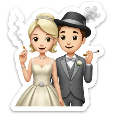 Person in fancy clothes sneaking into a wedding ceremony with a mischievous grin, uninvited guest, smoking sticker