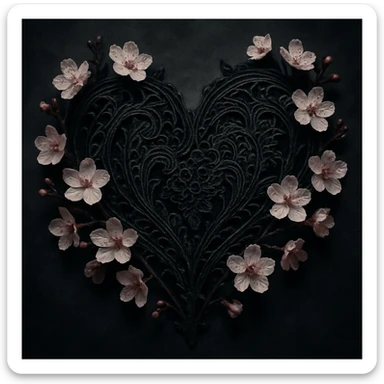 goth sakura heart, ornate black lace, cherry blossoms, heart shape, dramatic shadows, alternative aesthetic sticker