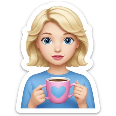 Girl Blonde short wavy hair,  blue eyes, cute blue top, long lashes, pink lips, holding white hot coffee mug sticker