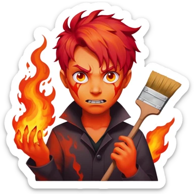 demon artist with wild fiery hair painting chaotic art in hellscape sticker