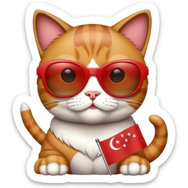 Cat wearing sunglasses with singapore flag sticker