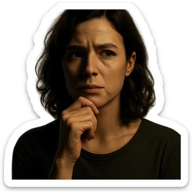 Centered portrait of the same woman with a thoughtful expression, transparent background, in the style of a Netflix series poster, cinematic and dramatic lighting, realistic and detailed. sticker