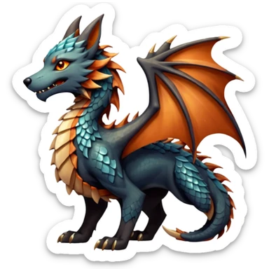 Majestic wolf-like dragon with red sandstone scales and layered plates resembling canyon rock formations. Crystallized mineral mane with copper and gold hues runs down its neck and back. Obsidian claws, amber eyes, and a tail of stone spires. Pokémon style. sticker