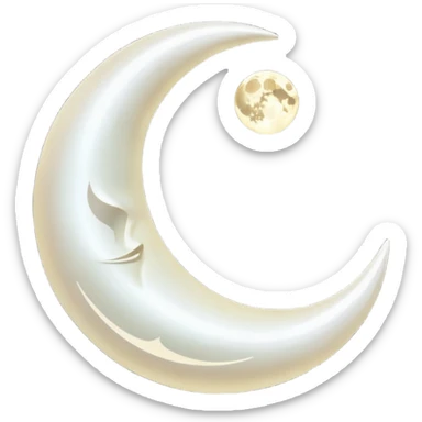 “A luxurious ultra-detailed 3D crescent moon with a high-gloss pearlescent surface, smooth reflective texture, soft glowing rim light, cinematic studio lighting, subtle light bloom, realistic depth and curvature, , floating in dark space, minimal composition,  no backgrund only no face simple sticker