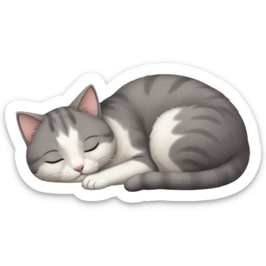 dark grey and white small cat with his eyes closed, leaning his head on his paw while leaning on his elbow lying down sticker