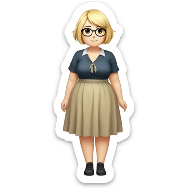 Chubby anime girl with glasses and short blond hair, full body wearing cute dress sticker