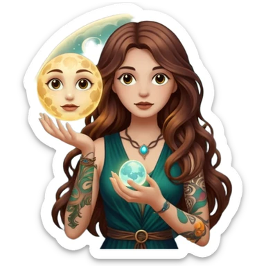 forest mystic woman long wavy brown hair tattoos holding glowing moon orb sticker