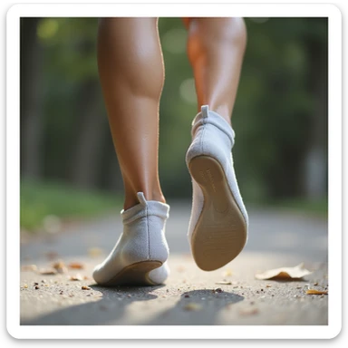 realistic 4K woman walking outdoors with orthotic insole, initially walking briskly and smiling, then slowing down and stopping with a discomforted expression sticker