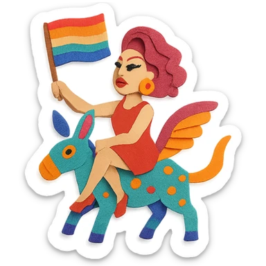 drag queen on an alebrije, holding an LGBTQ flag, in a paper craft style with textured paper elements sticker