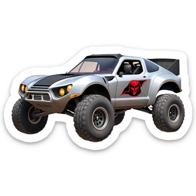 Satan’s and Vader (post race) Cabernet Dirty and dented Local Motors Rally Fighter off road race car hot rod trophy truck-style flying on a dusty road (silver wheels) sticker