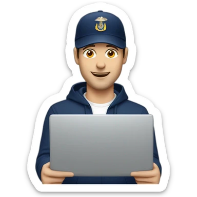 european guy wearing navy cap using laptop sticker