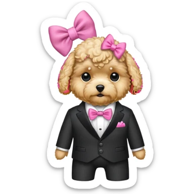 Golden maltipoo dog with pink bow k bow that is very poise make it have a suit on sticker