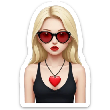 Blonde girl with pale skin and long hair with black cat eye sunglasses in black tank top wearing a thin red heart necklace  sticker